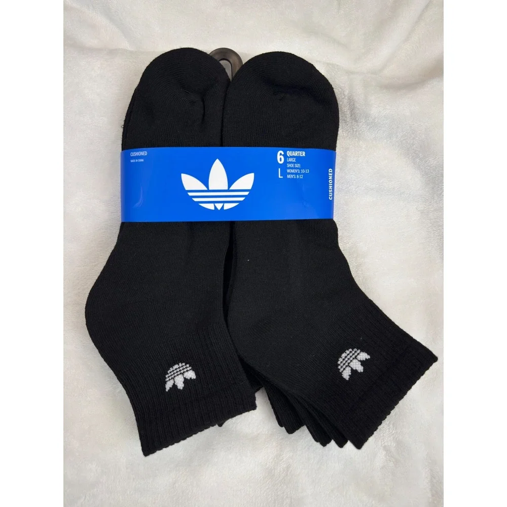 Adidas Originals Trefoil Quarter Socks 6 Pair Pack Black Mens Large 8-12 New